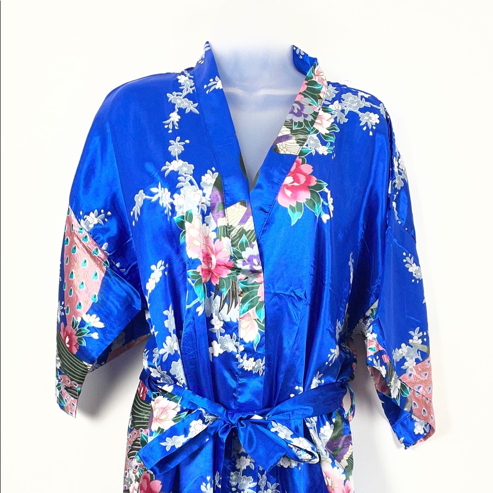 Sam Well Floral Satin Silky Peacock Belted Women's OSFM Kimono Lightwight Robe - Picture 4 of 10